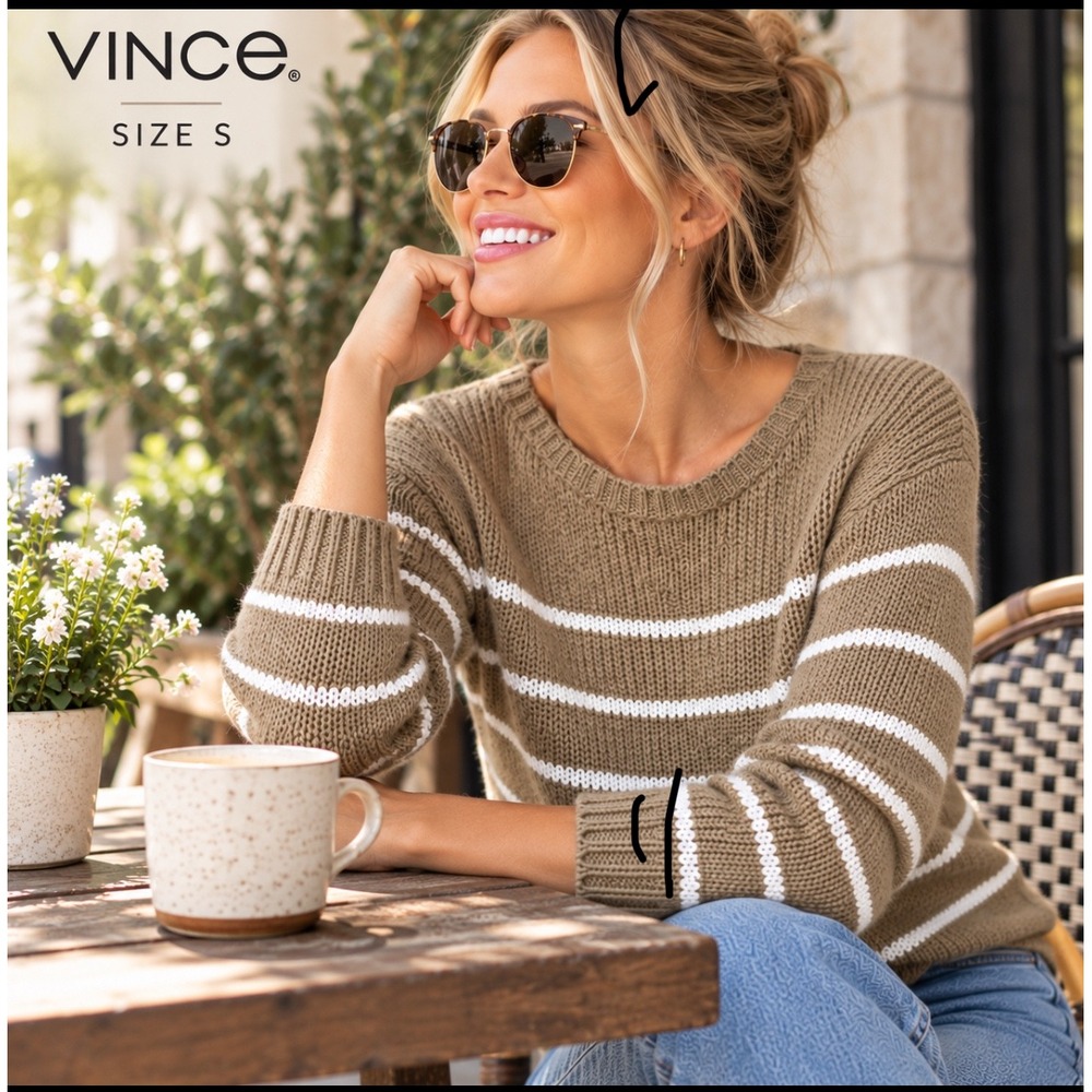 Vince Striped Sweater Women S Tan White Knit Scoop Neck Side Slit V043774101
